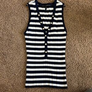 White House Black Market Blue and White Sleeveless Ribbed Tank Top